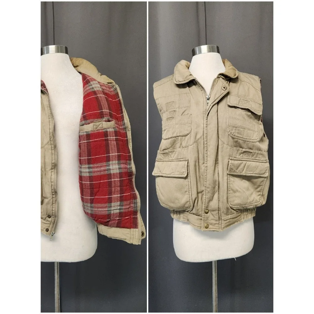 Vintage Willow Bay Vest Tan Utility Flannel Lined Multi-Pocket Workwear Medium